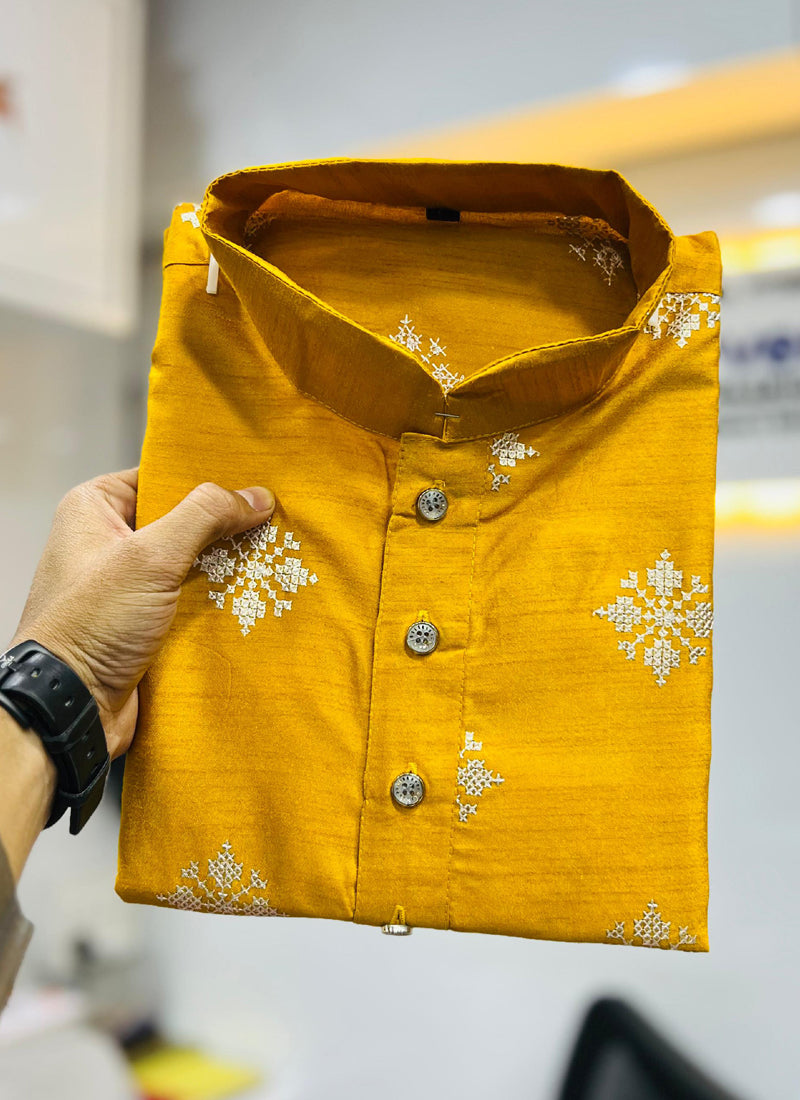 Prazu Fashion Yellow Silk Copper Sequence Work Kurta