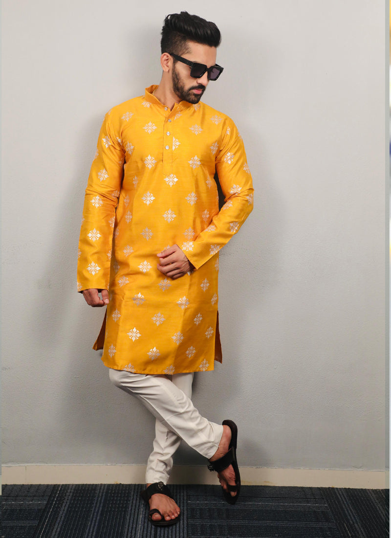 Prazu Fashion Yellow Silk Copper Sequence Work Kurta