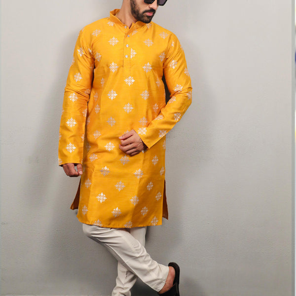 Prazu Fashion Yellow Silk Copper Sequence Work Kurta