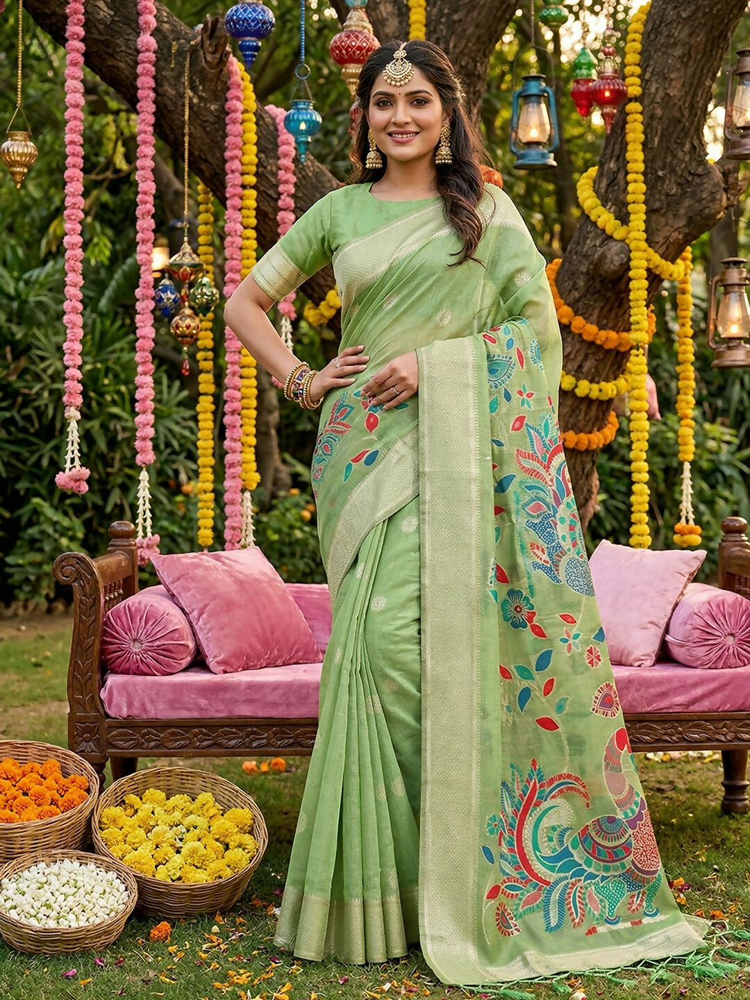 Shree Shyam Fashion Light Green Linen Cotton Saree - Distacart