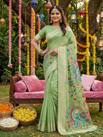 Thumbnail for Shree Shyam Fashion Light Green Linen Cotton Saree - Distacart