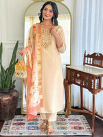 Thumbnail for The52 Chiku Women's Beautiful Rayon Fabric Embroidered Work Straight Kurta Pant and Dupatta Set - Distacart