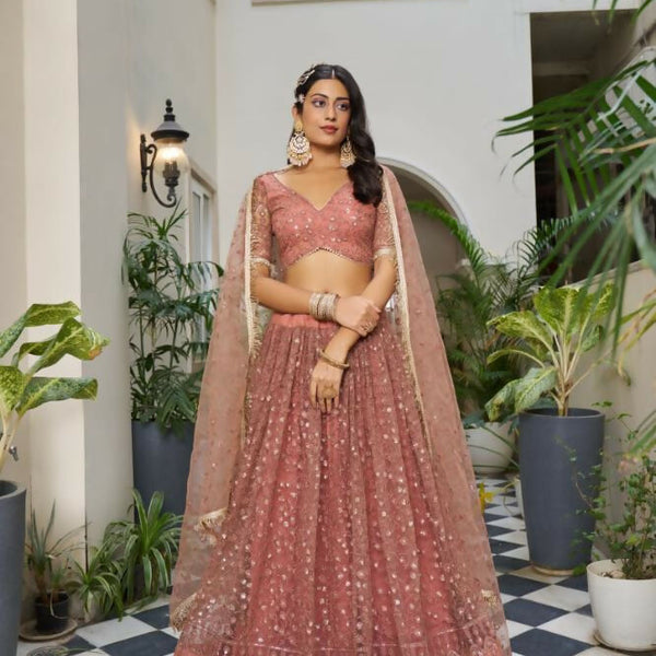 Aastha Fashion Rust Butterfly Net Tone To Tone Cotton Thread Work And Sequence Work Embroidery Wedding Wear Lehenga Choli - Distacart
