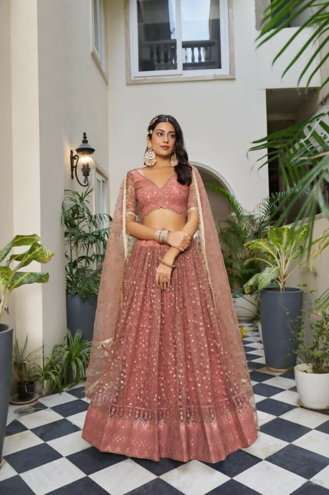 Aastha Fashion Rust Butterfly Net Tone To Tone Cotton Thread Work And Sequence Work Embroidery Wedding Wear Lehenga Choli - Distacart