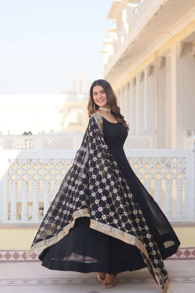 Jyoti Fashion Women's Black Faux Blooming Sequins Zari Embroidered Anarkali Dress with Dupatta - Distacart