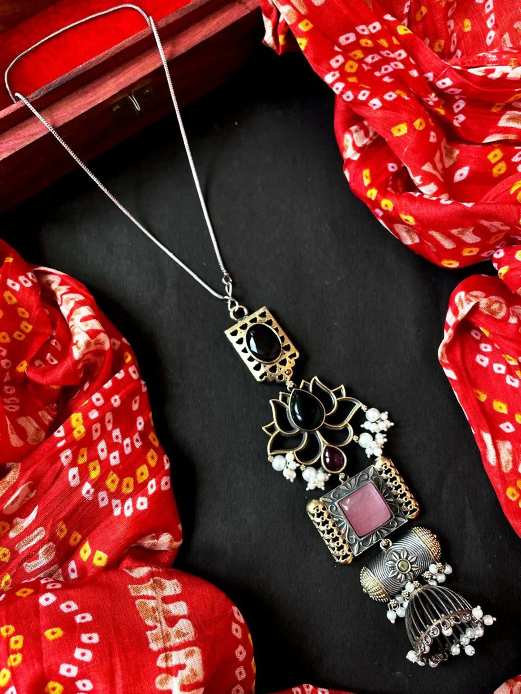 Joban Fashion Peach Brass Monalisa Stone Dual Tone Beaded Pendant Chain Necklace