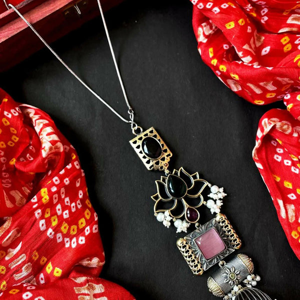 Joban Fashion Peach Brass Monalisa Stone Dual Tone Beaded Pendant Chain Necklace - Distacart