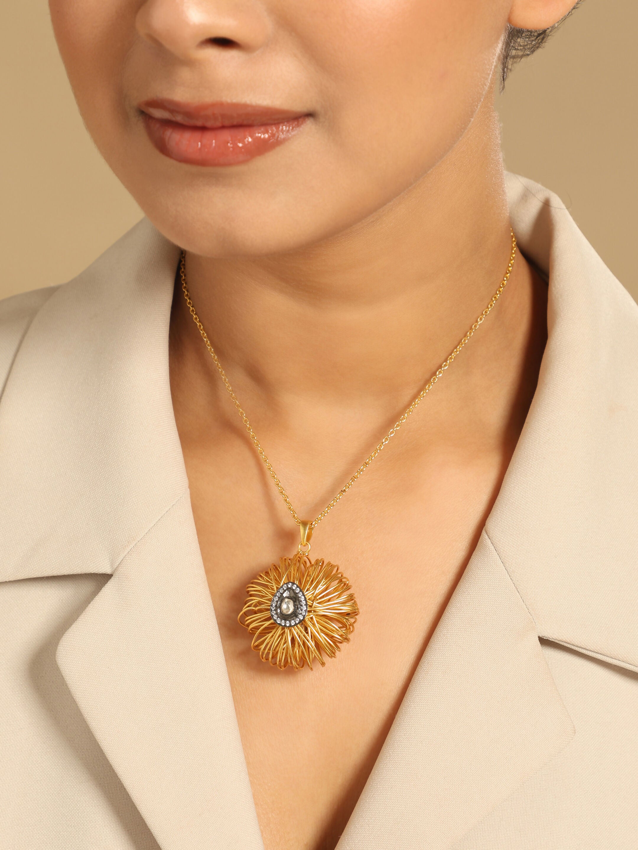 Nuyug 18k Gold-Plated Crystal Studded Minimal Chain Pendant Necklace