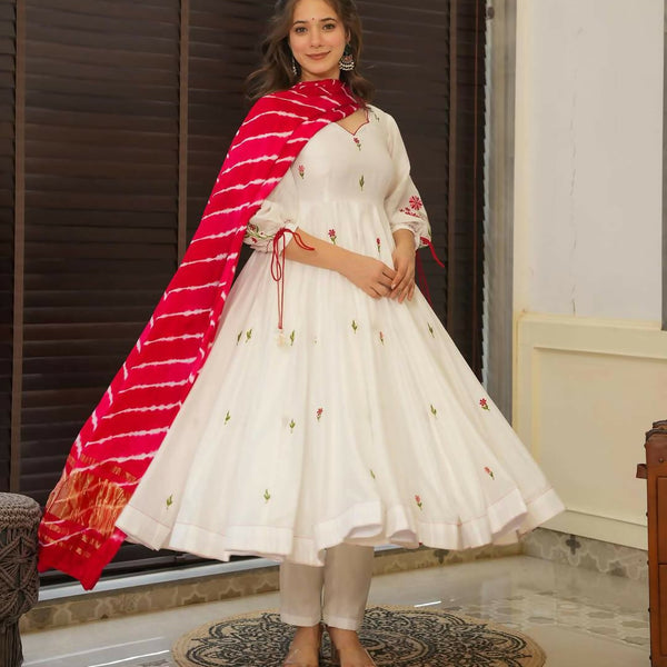 The52 Off White Women's Beautiful Chanderi Fabric Thread work Flared Anarkali with Pant And Dupatta Set