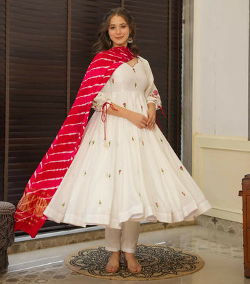 The52 Off White Women's Beautiful Chanderi Fabric Thread work Flared Anarkali with Pant And Dupatta Set - Distacart