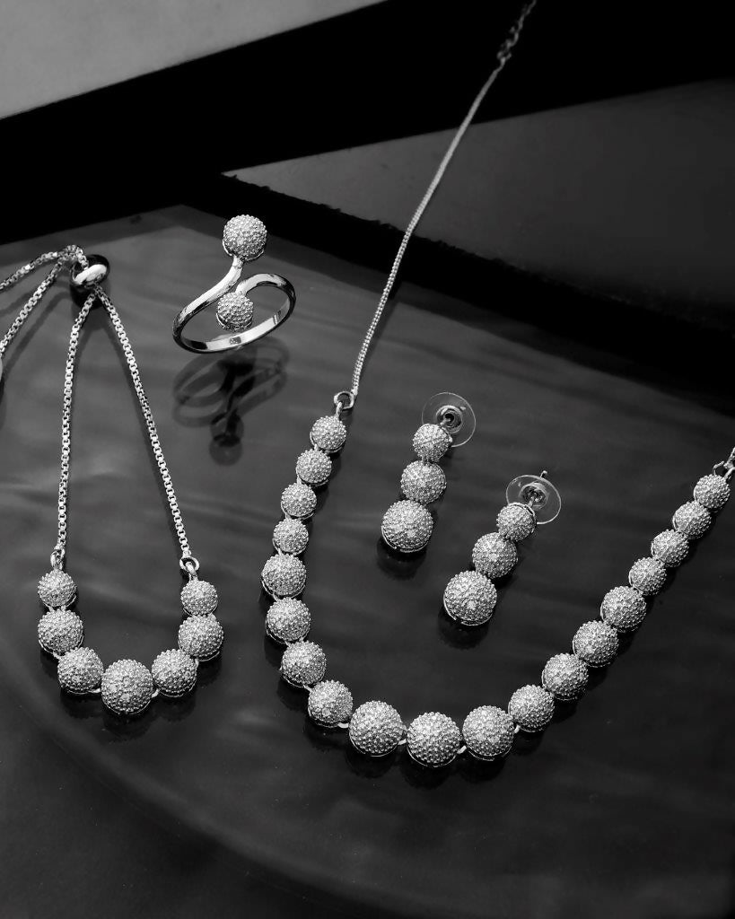 VOJ Silver Plated AD studded Necklace, Earrings With Ring And bracelet - Distacart