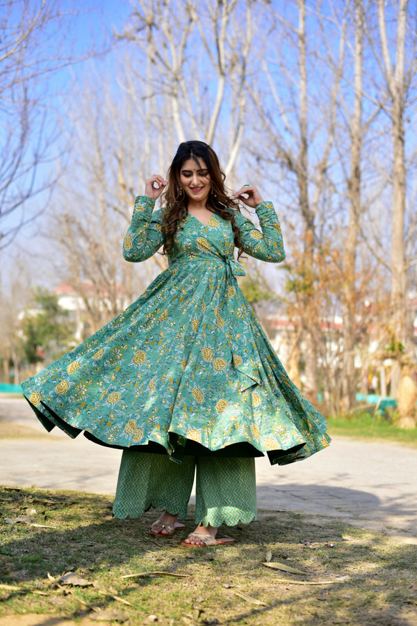 Jyoti Fashion Women's Sea Green Cotton Silk Heavy Digital Printed Kurta Plazo Set - Distacart