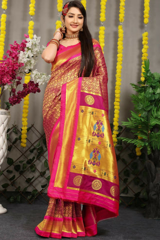 Jyoti Fashion Women's Magenta Banarasi Silk Zari Woven Saree with Blouse - Distacart
