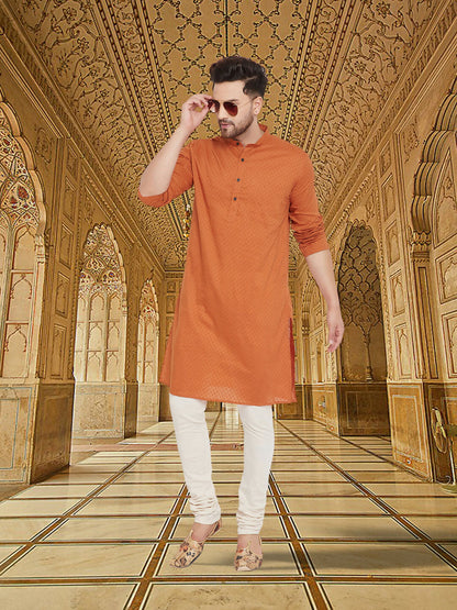 Even Apparels Men's Orange Emboided Cotton Kurta - Distacart