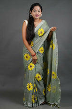 Thumbnail for Exclusive Collection Light Pista Pure Cotton Saree With Sunflower Design