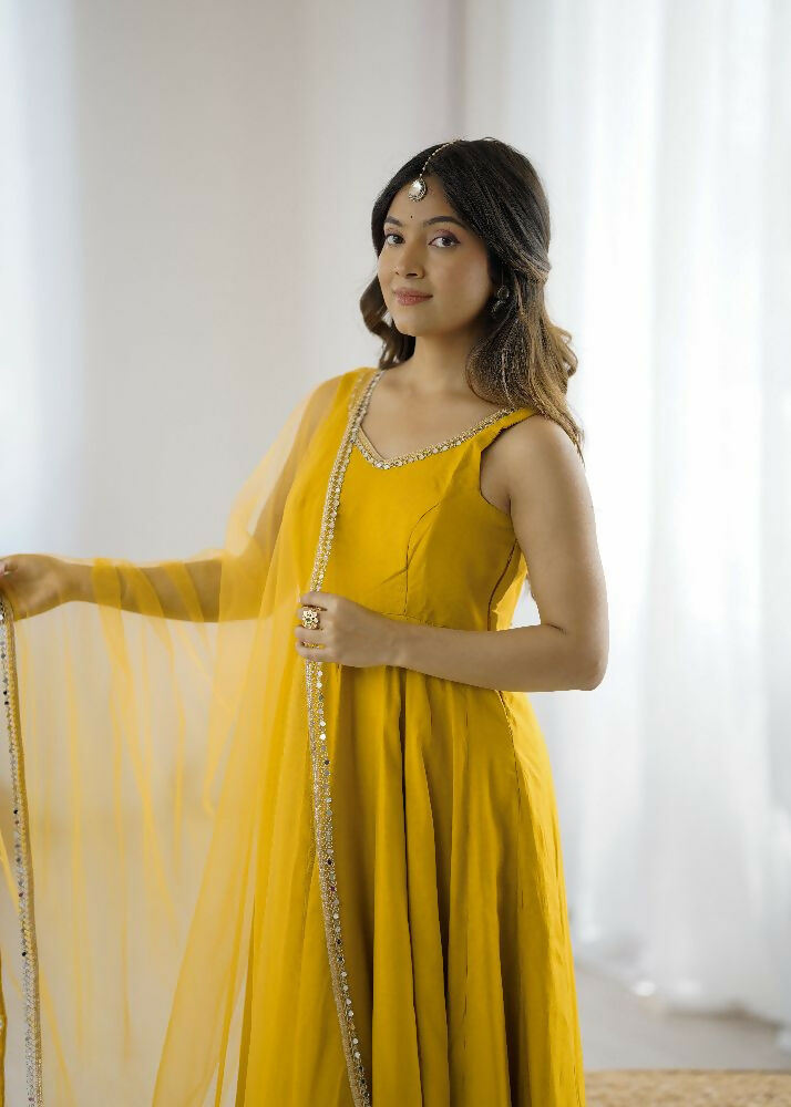 Joban Fashion Yellow Kurta Set Chanderi Sequence Embroidery Work