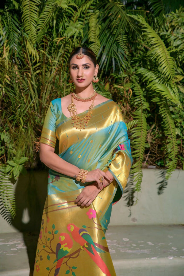 Jyoti Fashion Women's Firozi Paithani Silk Zari Woven Saree with Blouse - Distacart