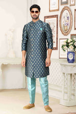 Thumbnail for Raivat Ethnic Banarasi Jacquard Embroidery Semi Indo Western Sherwani In Grey Blue Colour