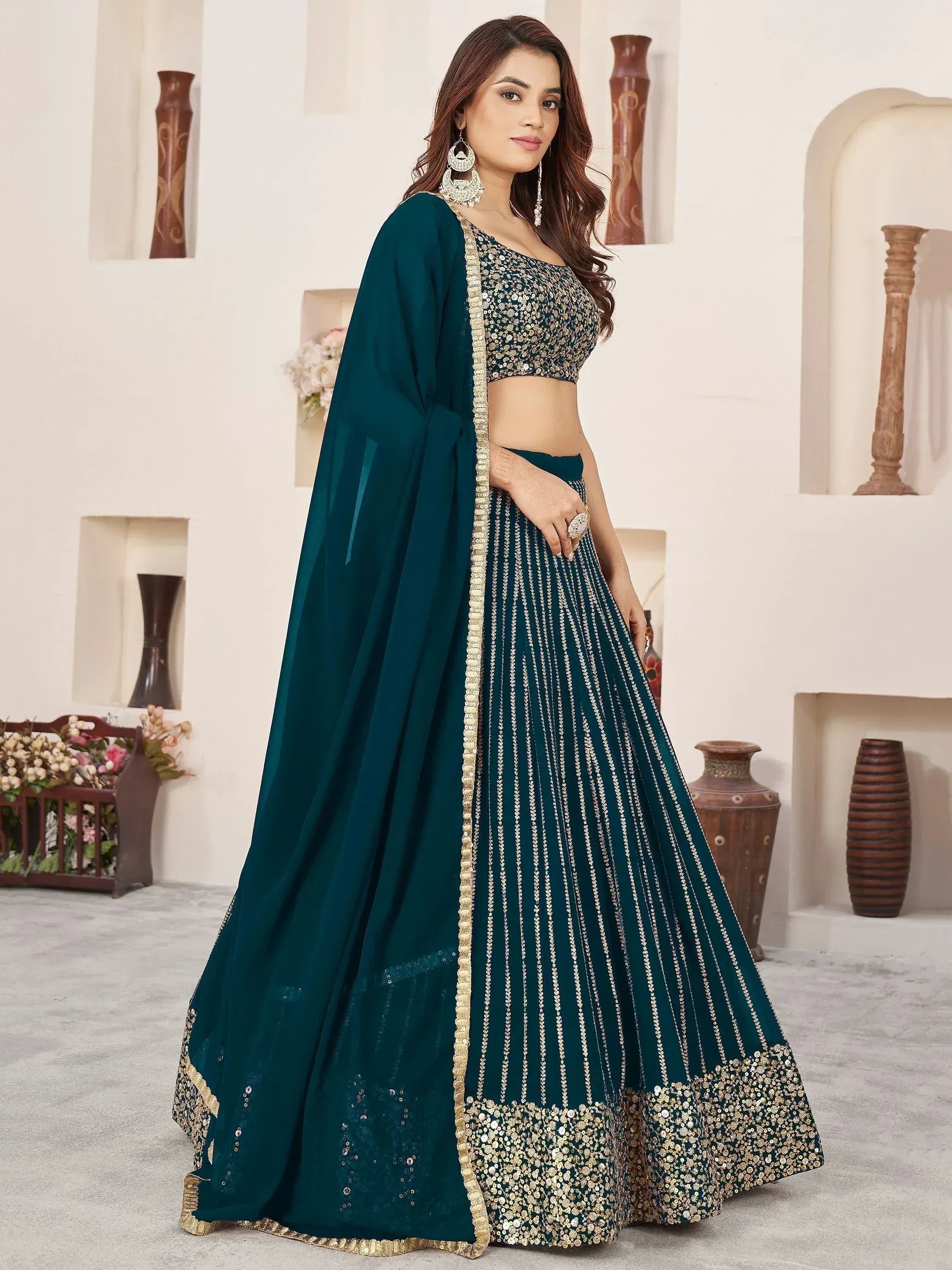 Tulsi Art Gorgeousâ Teal Green Sequins Work Georgette Function Wear Lehenga Choli