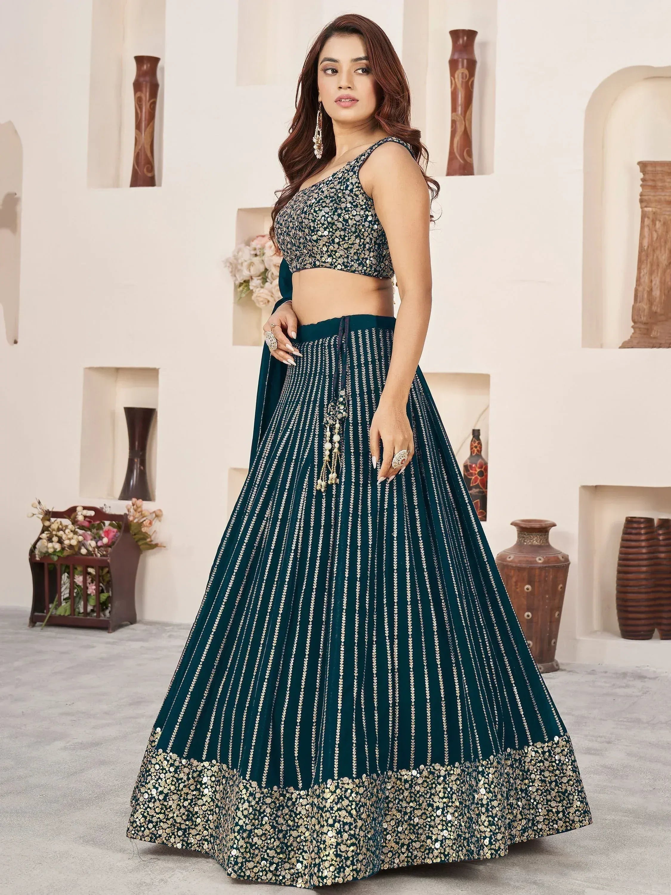 Tulsi Art Gorgeousâ Teal Green Sequins Work Georgette Function Wear Lehenga Choli