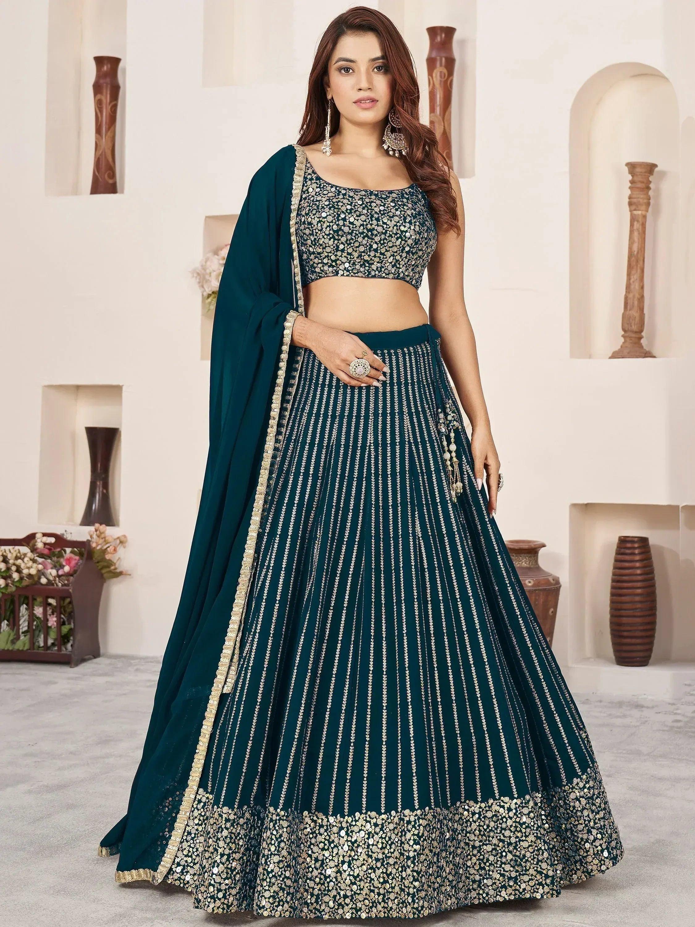 Tulsi Art Gorgeousâ Teal Green Sequins Work Georgette Function Wear Lehenga Choli - Dista