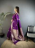 Thumbnail for Joban Fashion Purple Floral Jacquard Woven Design Cotton Silk Banarasi Silk Saree - Distacart