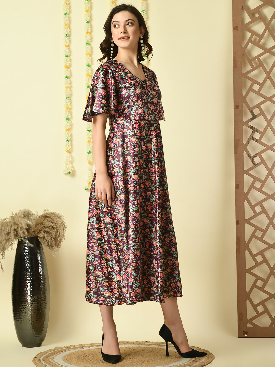 Myshka Women's Multi Printed Velvet Party Dress - Distacart