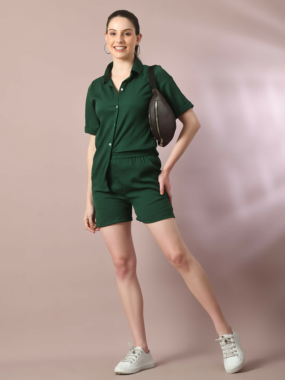 Myshka Women's Green Solid Shirt Collar Party Shirt With Shorts Co-ord set - Distacart