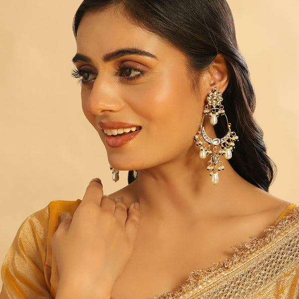 Nuyug 22K Gold Plated Crescent Kundan Drop Pearl Chandbali Earrings