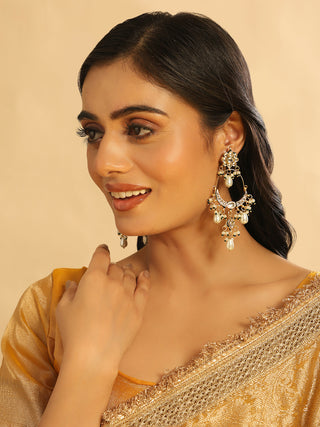 Nuyug 22K Gold Plated Crescent Kundan Drop Pearl Chandbali Earrings