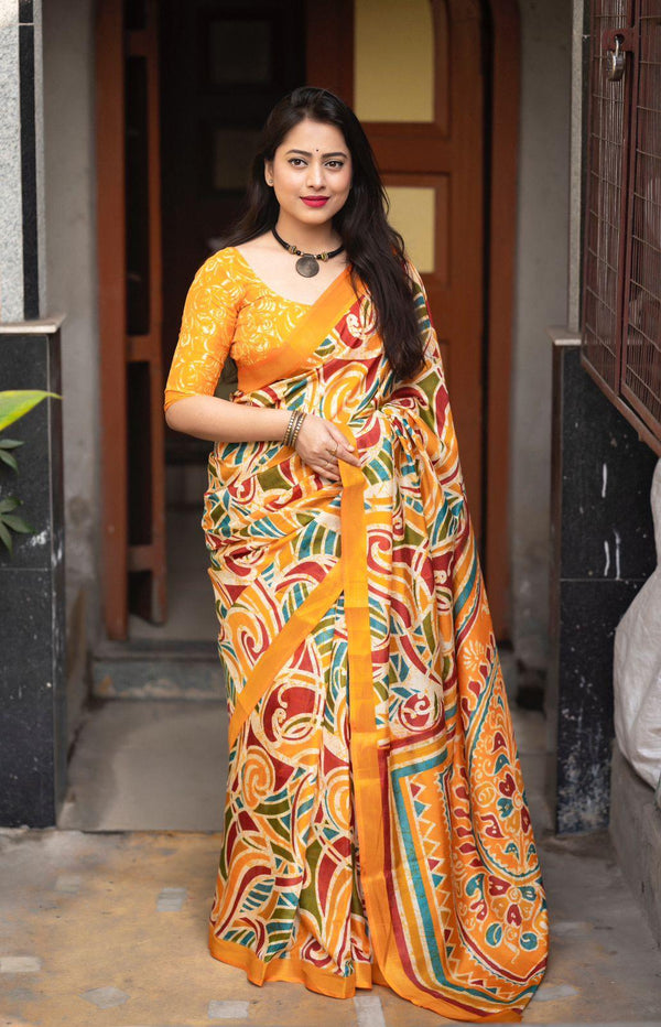 Mustard Cotton Crepe Batik Print Saree with Unstitched Blouse - Hiral Fashion - Distacart