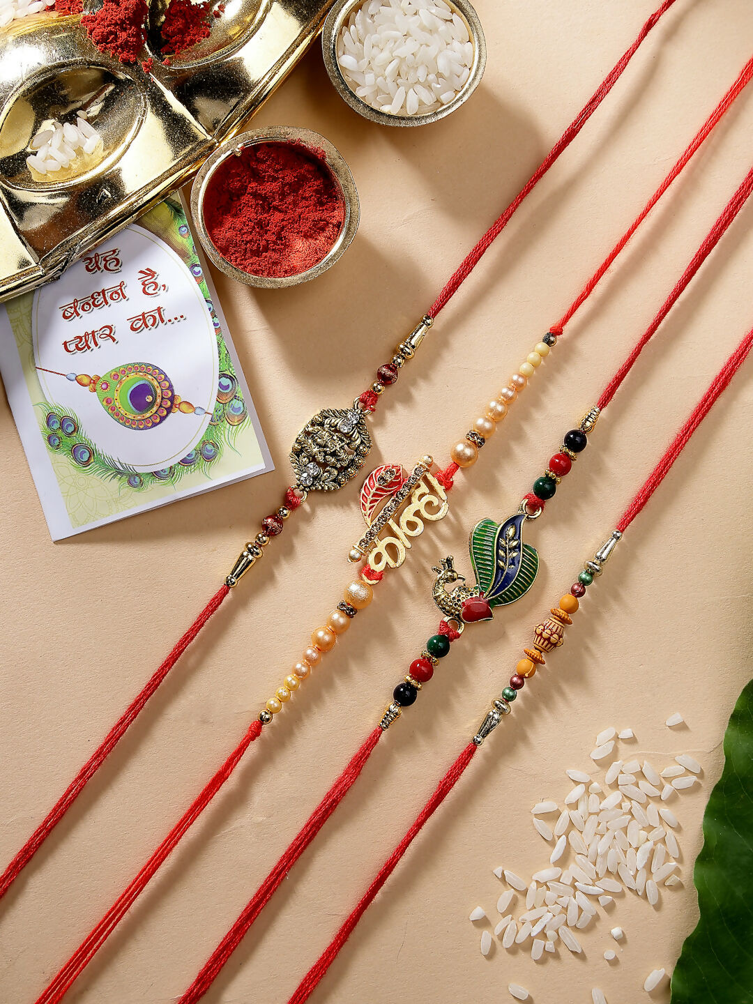 NVR Men Set of 4 Multicolor Radha Krishna & Peacock Design Rakhi With Roli Chawal - Distacart