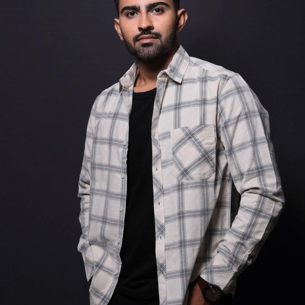 Jonesburg Off White Checks Fine Corduroy Regular Fit Shirt