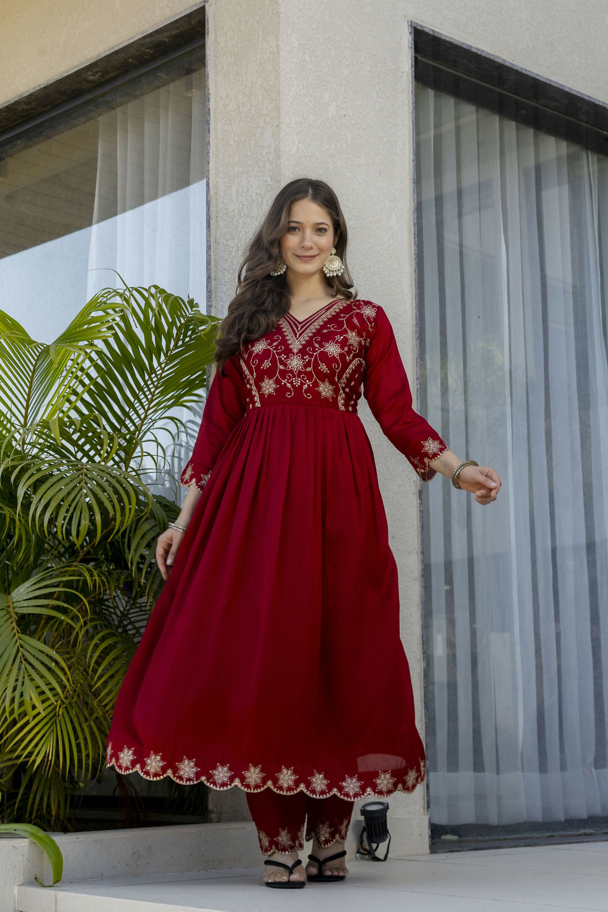 The52 Women's Beautiful Embroidery Work Vichitra Silk Fabric Flared Anarkali Pant and Dupatta Set - Distacart