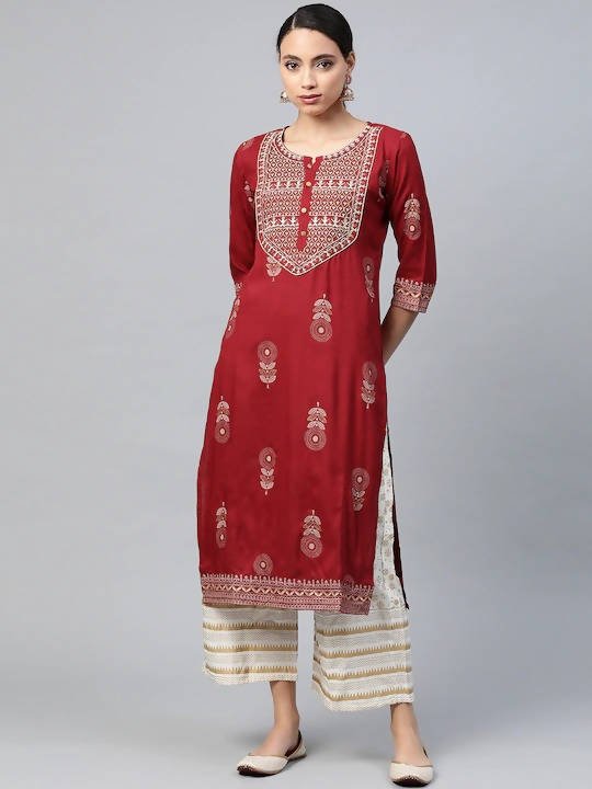 Anubhutee Maroon & White Ethnic Motifs Print Kurta with Palazzos - Distacart