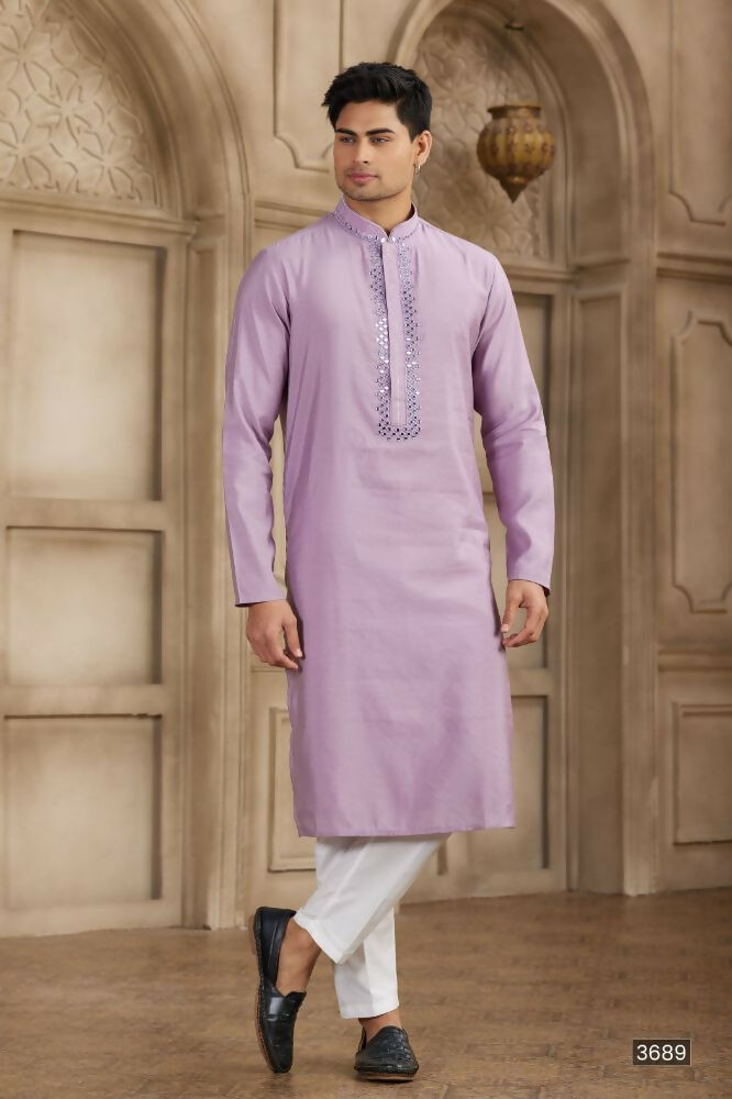 Raivat Ethnic Banarasi Art Silk Mirror Work Kurta Pajama In Purple Colour