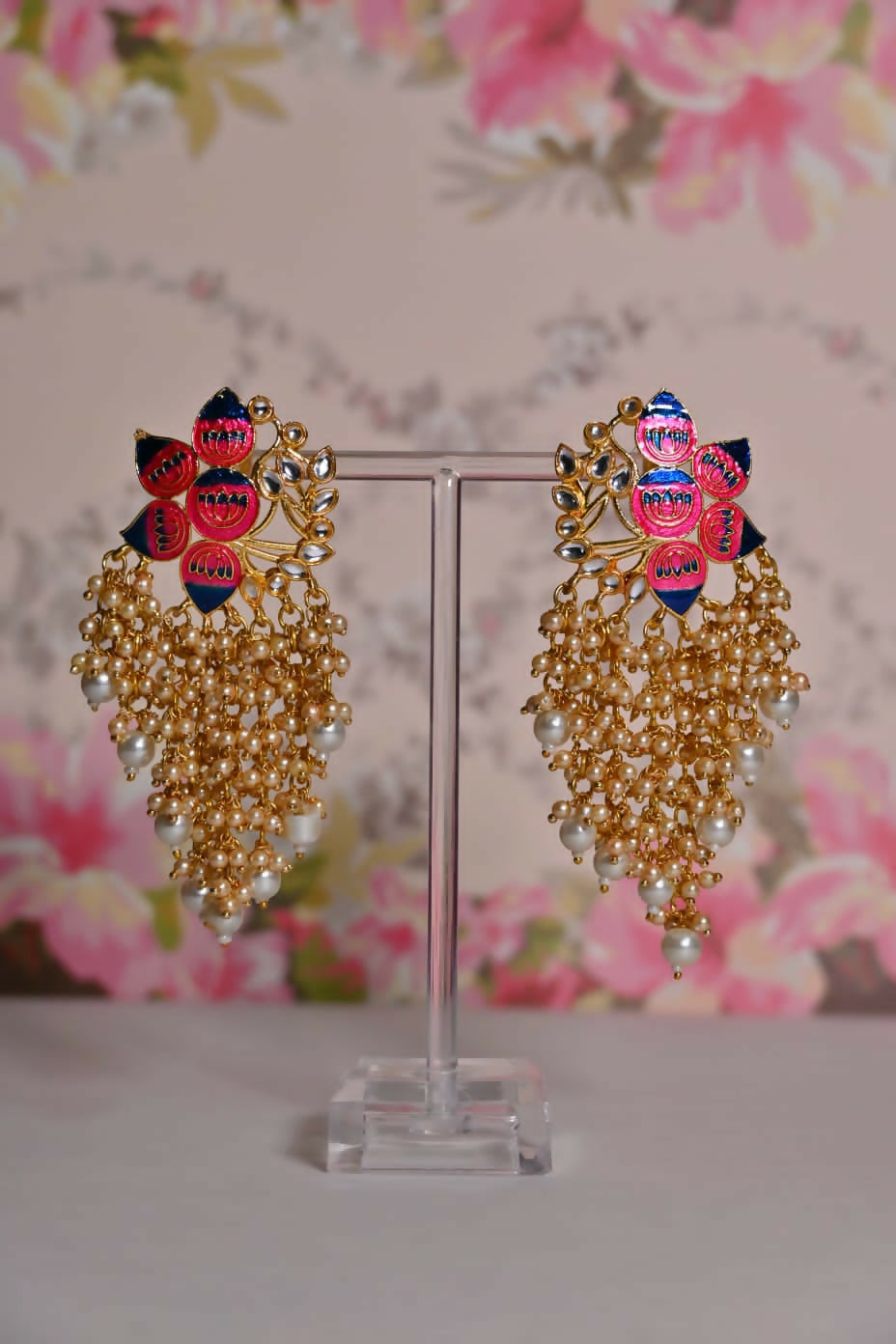 Pink & Blue Ethic Meenakari Lotus Shaded Earrings By House of Ree - Distacart