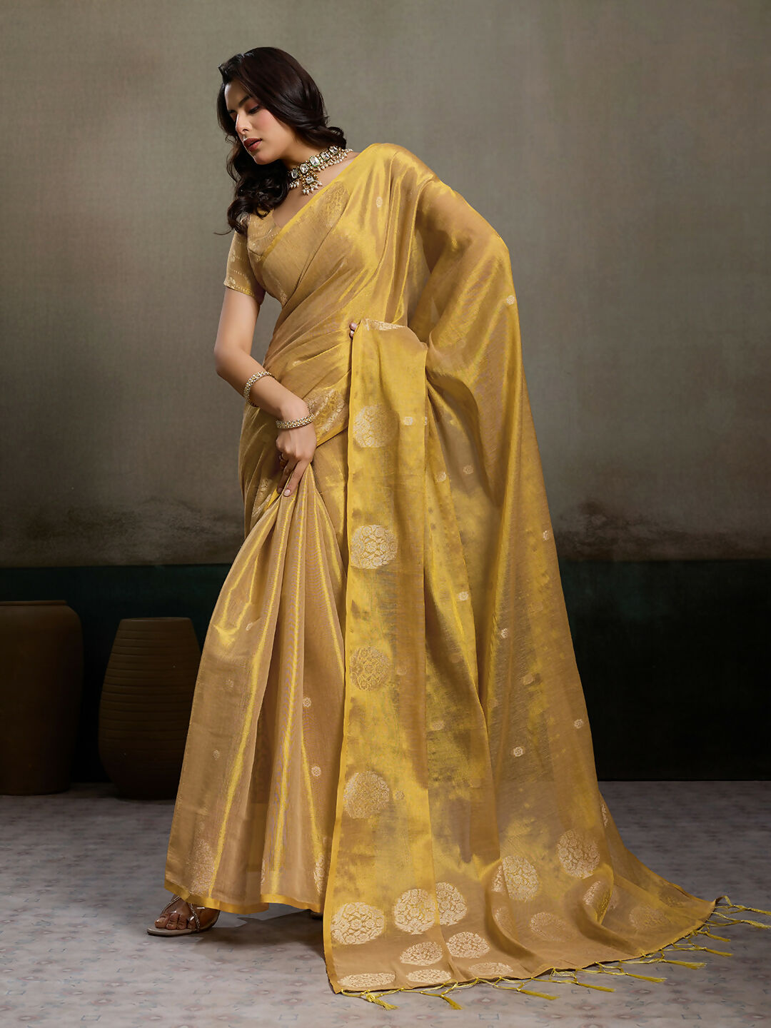 Shree Shyam Fashion Beige Tissue Silk Saree - Distacart