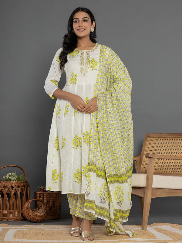 Yufta Green & White Gota_Patti Cotton Anarkali Kurta Dupatta Pant Set - Distacart