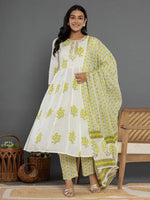 Thumbnail for Yufta Green & White Gota_Patti Cotton Anarkali Kurta Dupatta Pant Set - Distacart