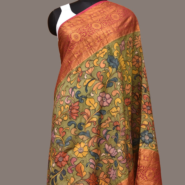 Green and Pink Kalamkari Hand Painted Kanchipuram Silk Handloom Dupatta with Floral and Peacocks Design - Global Threads - Distacart