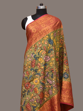 Green and Pink Kalamkari Hand Painted Kanchipuram Silk Handloom Dupatta with Floral and Peacocks Design - Global Threads - Distacart