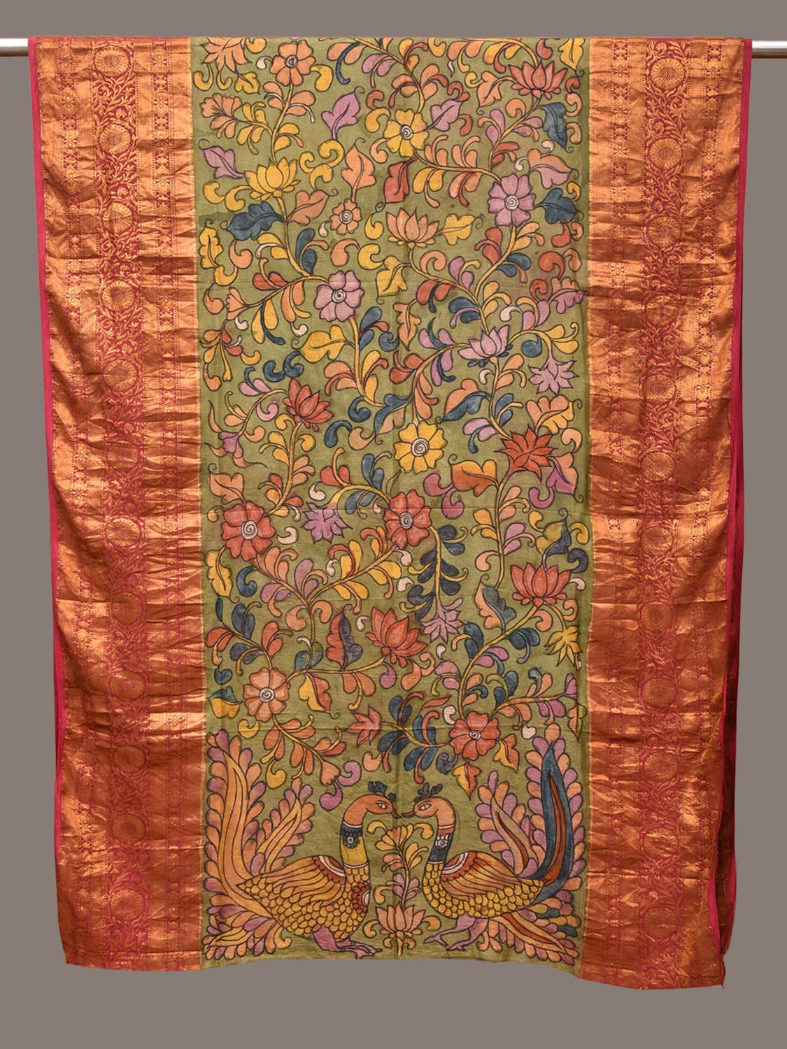 Green and Pink Kalamkari Hand Painted Kanchipuram Silk Handloom Dupatta with Floral and Peacocks Design - Global Threads - Distacart