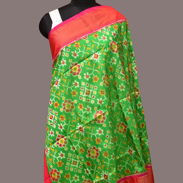Green and Pink Pochampally Ikat Silk Handloom Dupatta with All Over Design - Global Threads - Distacart