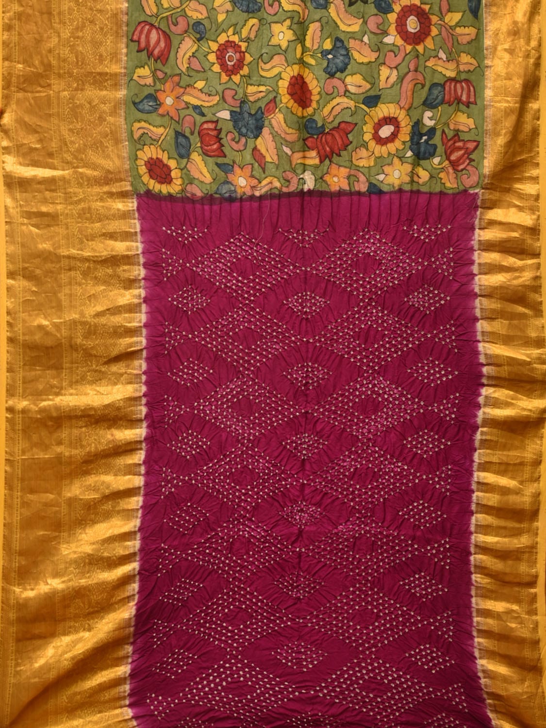 Green and Purple Bandhani Kanchipuram Silk Handloom Saree with Kalamkari Floral Body Design - Global Threads - Distacart