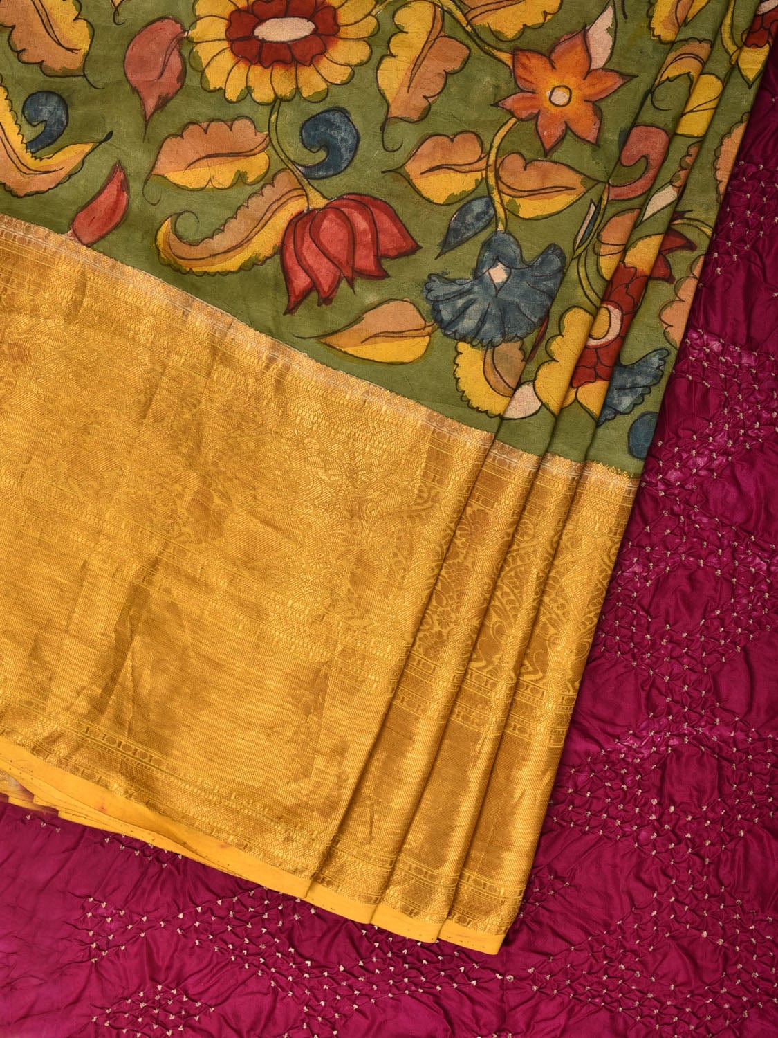 Green and Purple Bandhani Kanchipuram Silk Handloom Saree with Kalamkari Floral Body Design - Global Threads - Distacart