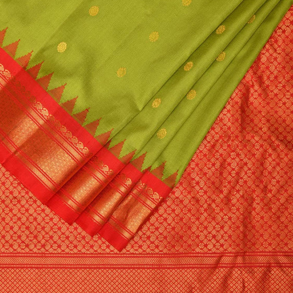 Green and Red Gadwal Silk Handloom Saree with Mango Pallu Design - Global Threads - Distacart