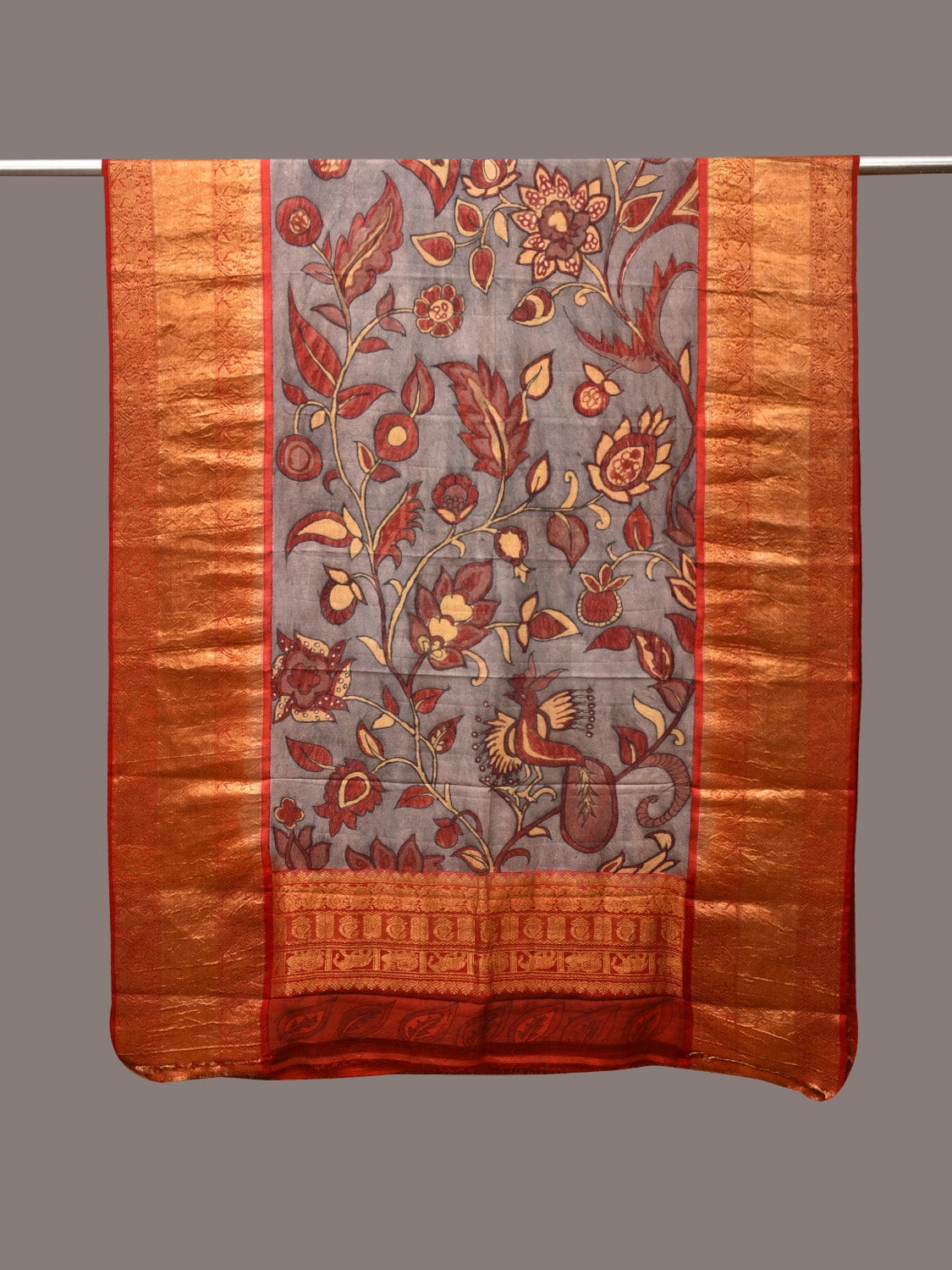 Green and Red Kalamkari Hand Painted Kanchipuram Silk Handloom Dupatta with Floral Design - Global Threads - Distacart