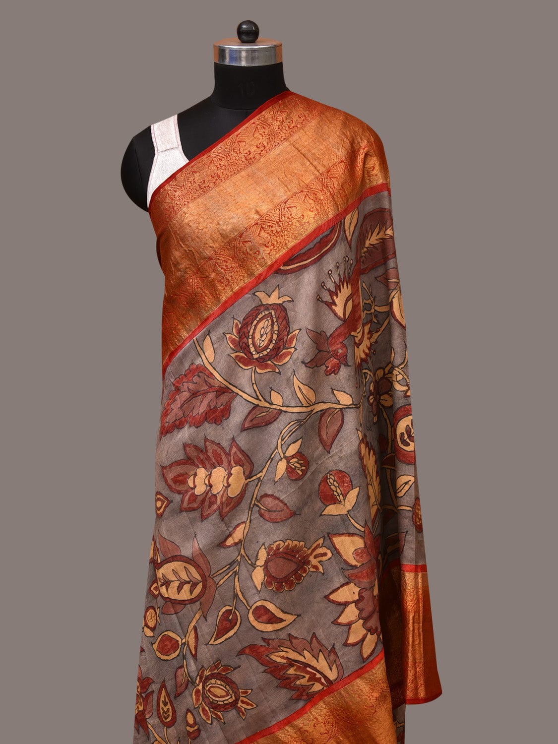 Green and Red Kalamkari Hand Painted Kanchipuram Silk Handloom Dupatta with Floral Design - Global Threads - Distacart