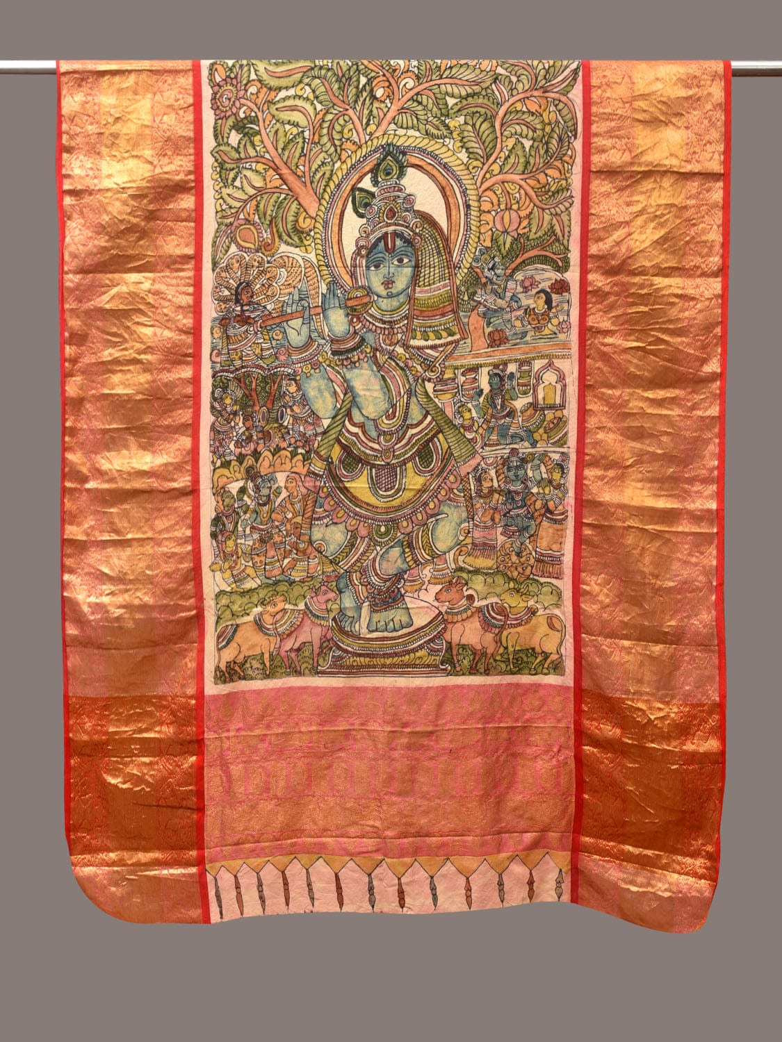 Green and Red Kalamkari Hand Painted Kanchipuram Silk Handloom Dupatta with Krishna Design - Global Threads - Distacart